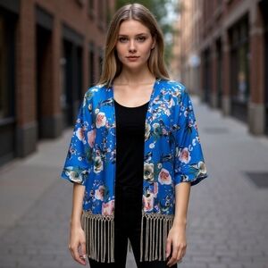 Fringe Floral Blue Kimono  Cardigan